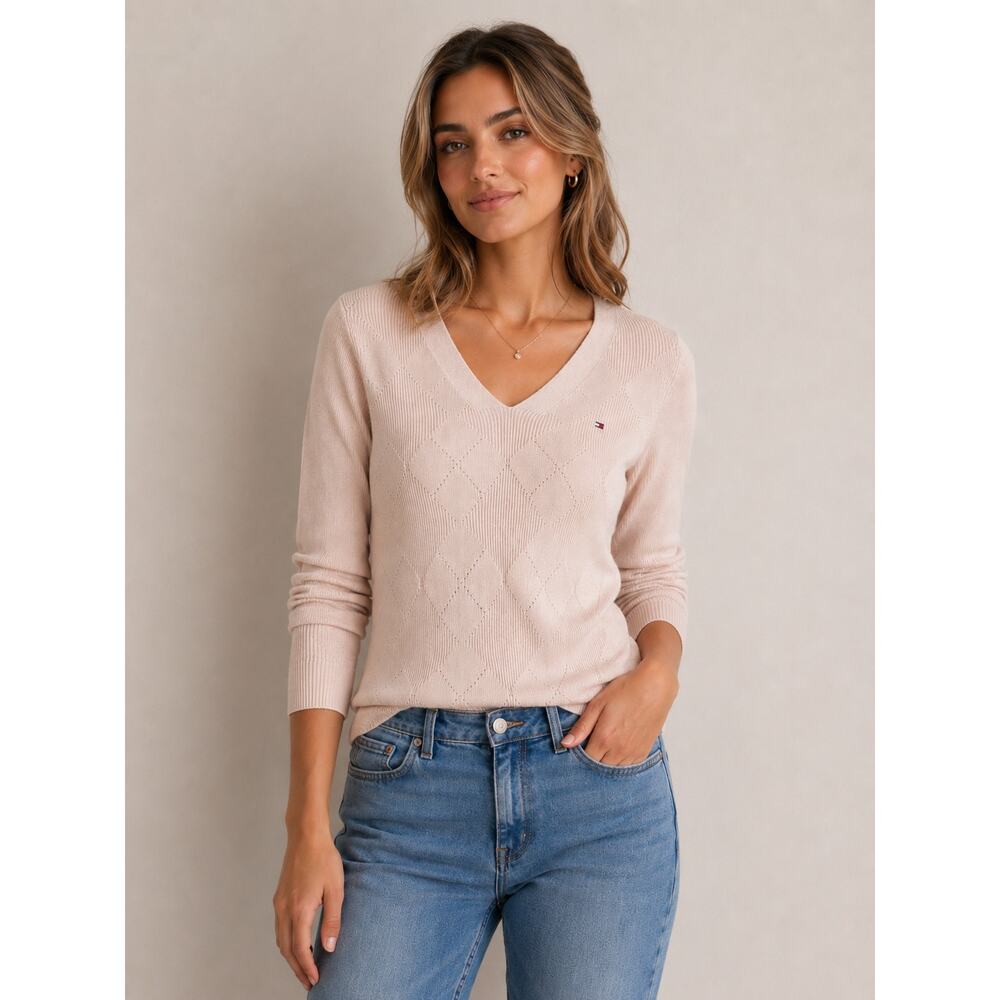 Tommy Hilfiger Pink Argyle Long Sleeve Sweater Minimal Classic Size XS